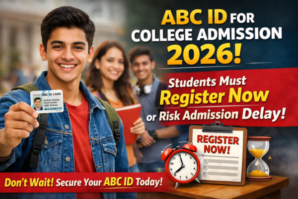 South Asian college student holding ABC ID card for College Admission 2026 with registration reminder text and admission deadline alert banner.