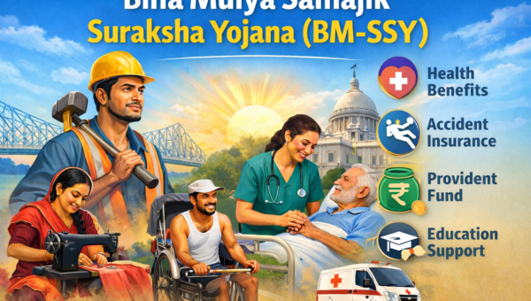 Bina Mulya Samajik Suraksha Yojana BM-SSY banner showing unorganized workers, healthcare support, accident insurance, provident fund, and education assistance in West Bengal.
