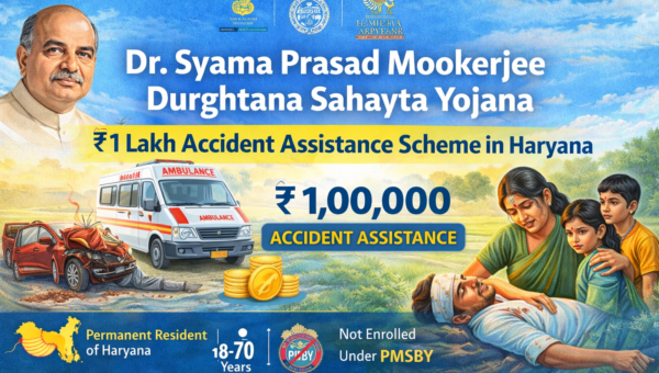 Dr. Syama Prasad Mookerjee Durghtana Sahayta Yojana image displaying ₹1 lakh accident assistance scheme in Haryana for death or permanent disability.