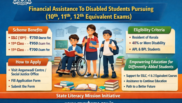 Infographic showing Financial Assistance to Disabled Students in Kerala for SSLC, 11th and 12th equivalent exams including eligibility criteria, benefits amount, and offline application process.