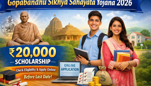 Promotional banner of Gopabandhu Sikhya Sahayata Yojana 2026 showing ₹20,000 scholarship amount, online application process, Odisha theme background, and students holding books.