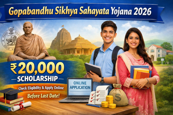 Promotional banner of Gopabandhu Sikhya Sahayata Yojana 2026 showing ₹20,000 scholarship amount, online application process, Odisha theme background, and students holding books.