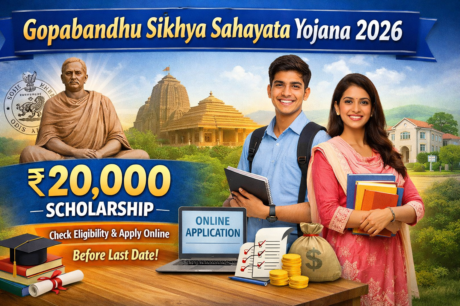 Promotional banner of Gopabandhu Sikhya Sahayata Yojana 2026 showing ₹20,000 scholarship amount, online application process, Odisha theme background, and students holding books.