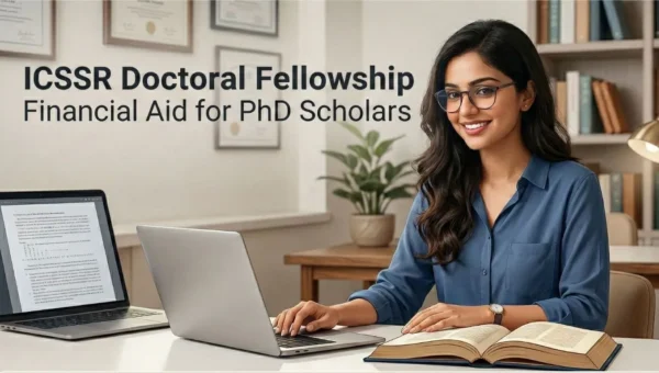 Indian Ph.D. scholar at a research desk with laptops and books, visually and textually identified as an ICSSR Doctoral Fellowship recipient.