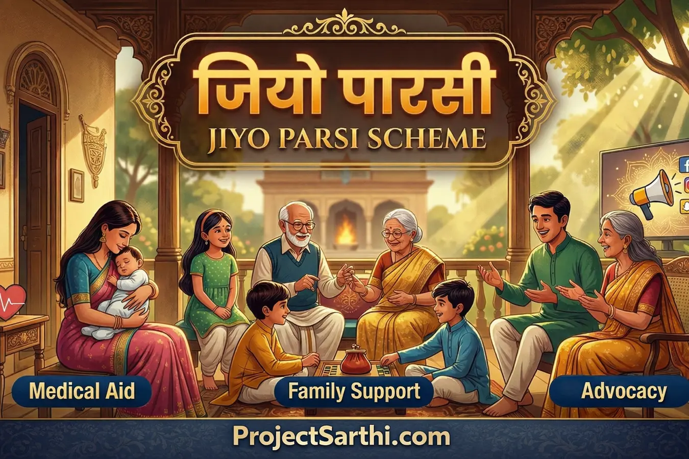 An illustrative summary image of the Government of India's "जियो पारसी JIYO PARSI SCHEME". A happy multi-generational Parsi family sits together on a veranda. Arrows point to three main features of the scheme: Medical Aid (चिकित्सा सहायता), Family Support (पारिवारिक सहायता), and Advocacy (वकालत), each with illustrative icons. A bottom banner in Hindi directs users to jiyoparsi.gov.in (पोर्टल), mentions DBT and Biometric verification, and indicates the scheme's launch year as 2013-14.
