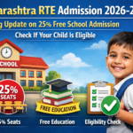 Maharashtra RTE Admission 2026-27 banner showing 25 percent free school seats under RTE Act with apply online option and smiling school children.