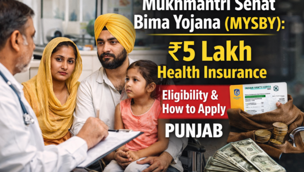 Mukhmantri Sehat Bima Yojana Punjab MYSBY realistic thumbnail showing 5 lakh health insurance coverage eligibility and application process with family and doctor