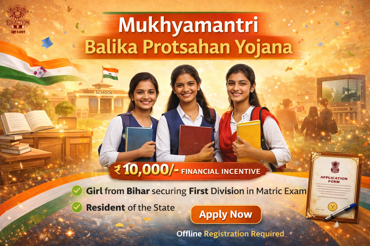 Mukhyamantri Balika Protsahan Yojana banner showing Bihar girl students with 10000 rupees financial incentive for first division in matric examination.