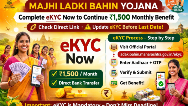 Mukhyamantri Majhi Ladki Bahin Yojana eKYC update banner showing ₹1,500 monthly benefit, direct link for online verification, and last date reminder for Maharashtra women beneficiaries.