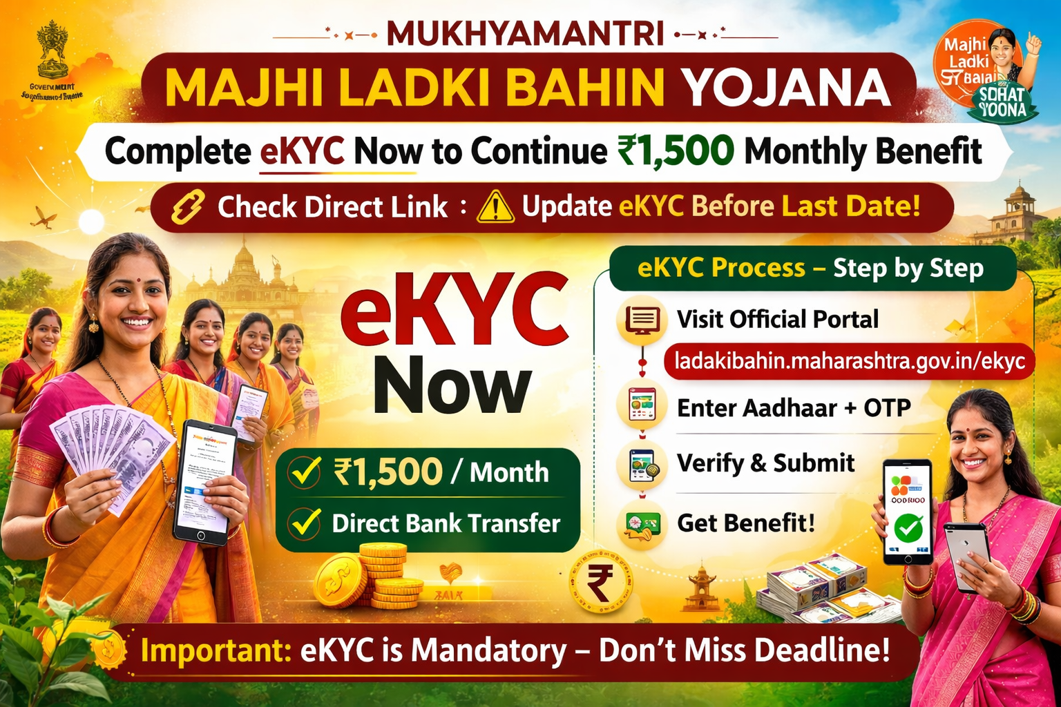 Mukhyamantri Majhi Ladki Bahin Yojana eKYC update banner showing ₹1,500 monthly benefit, direct link for online verification, and last date reminder for Maharashtra women beneficiaries.