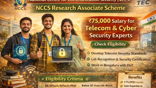 NCCS Research Associate Scheme banner showing 75000 salary for telecom and cyber security experts with eligibility and benefits details in Bengaluru.