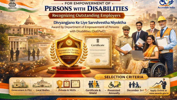 National Awards for Empowerment of Persons with Disabilities Best Employer Award banner showing inclusive workplace recognition, selection criteria and apply online details