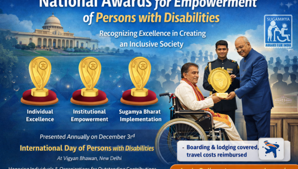 National Awards for Empowerment of Persons with Disabilities ceremony banner showing award presentation at Vigyan Bhawan under Sugamya Bharat Abhiyan.