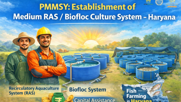 PMMSY Establishment of Medium RAS Biofloc Culture System Haryana image showing RAS tanks, Biofloc fish farming units, and subsidy support for fish farmers.