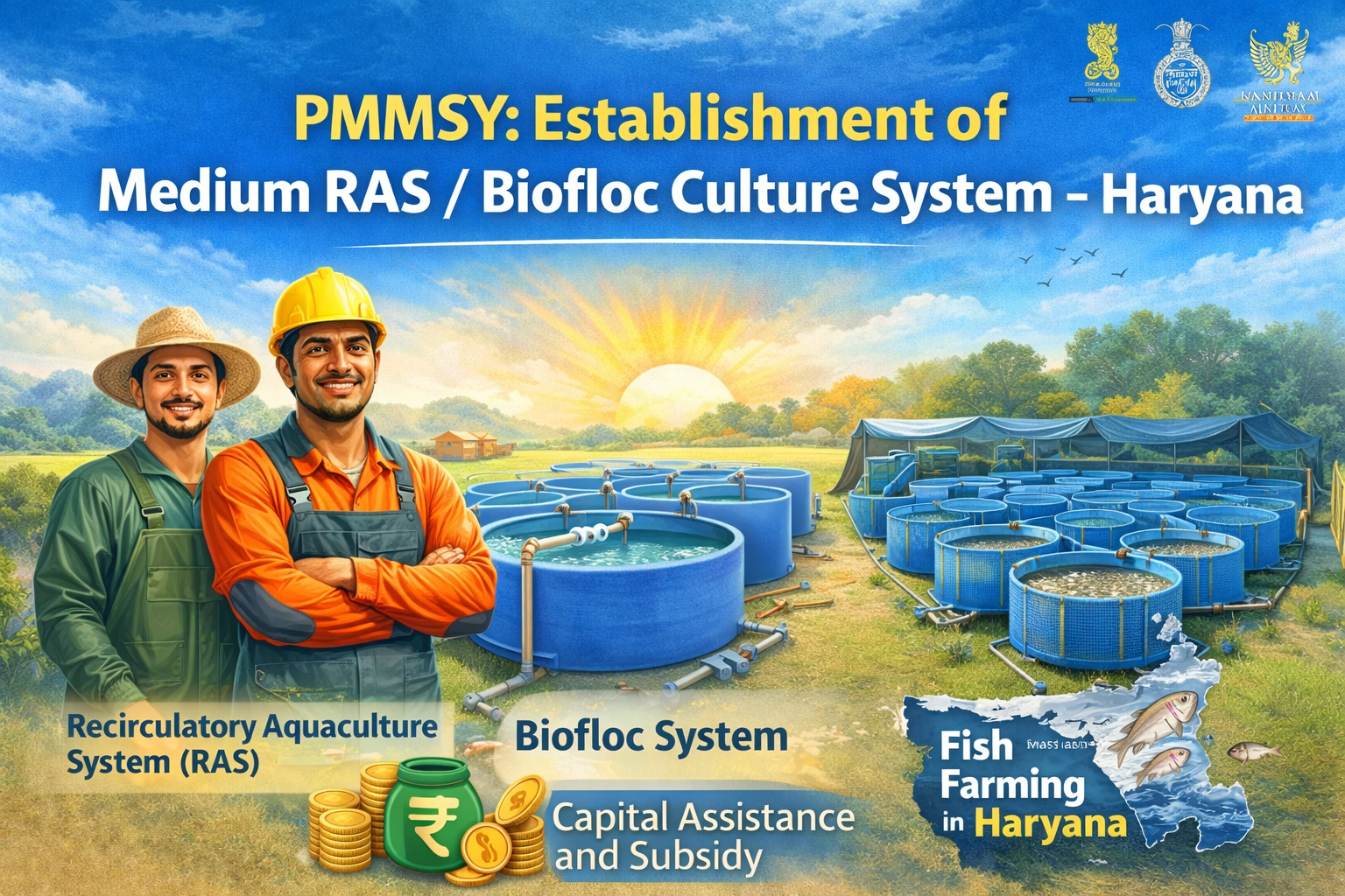 PMMSY Establishment of Medium RAS Biofloc Culture System Haryana image showing RAS tanks, Biofloc fish farming units, and subsidy support for fish farmers.