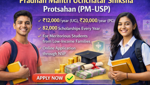 PM-USP scholarship banner showing ₹12,000 per year for UG and ₹20,000 per year for PG students with apply online details via National Scholarship Portal.