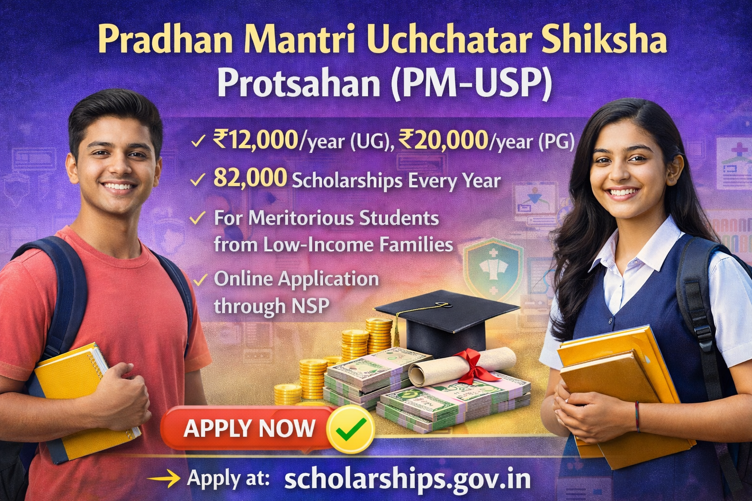 PM-USP scholarship banner showing ₹12,000 per year for UG and ₹20,000 per year for PG students with apply online details via National Scholarship Portal.