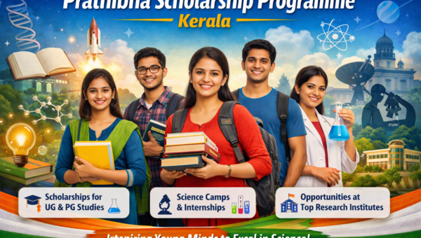 Prathibha Scholarship Programme Kerala 2026 banner showing science students with books and lab equipment highlighting UG PG scholarship benefits up to 60000 rupees.