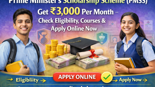 Prime Minister’s Scholarship Scheme PMSS banner showing ₹3,000 per month scholarship amount with apply online details for wards of Ex-Servicemen through KSB website.