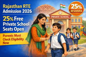 Rajasthan RTE Admission 2026 banner highlighting 25% free private school seats with parent and school children illustration and eligibility message.