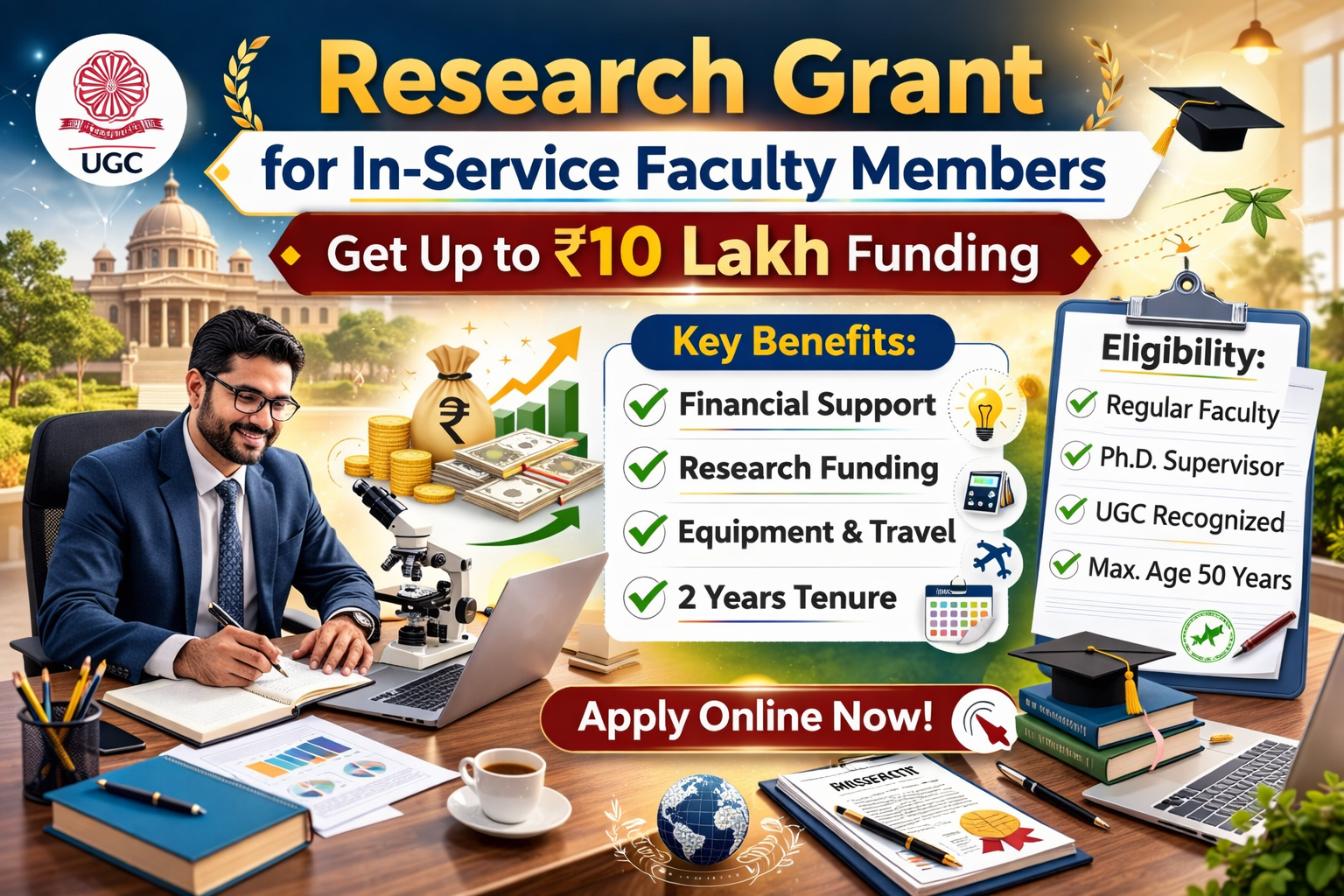 Research Grant for In-Service Faculty Members by UGC banner showing ₹10 lakh funding, 2-year tenure, eligibility criteria, and online application details for university faculty in India.