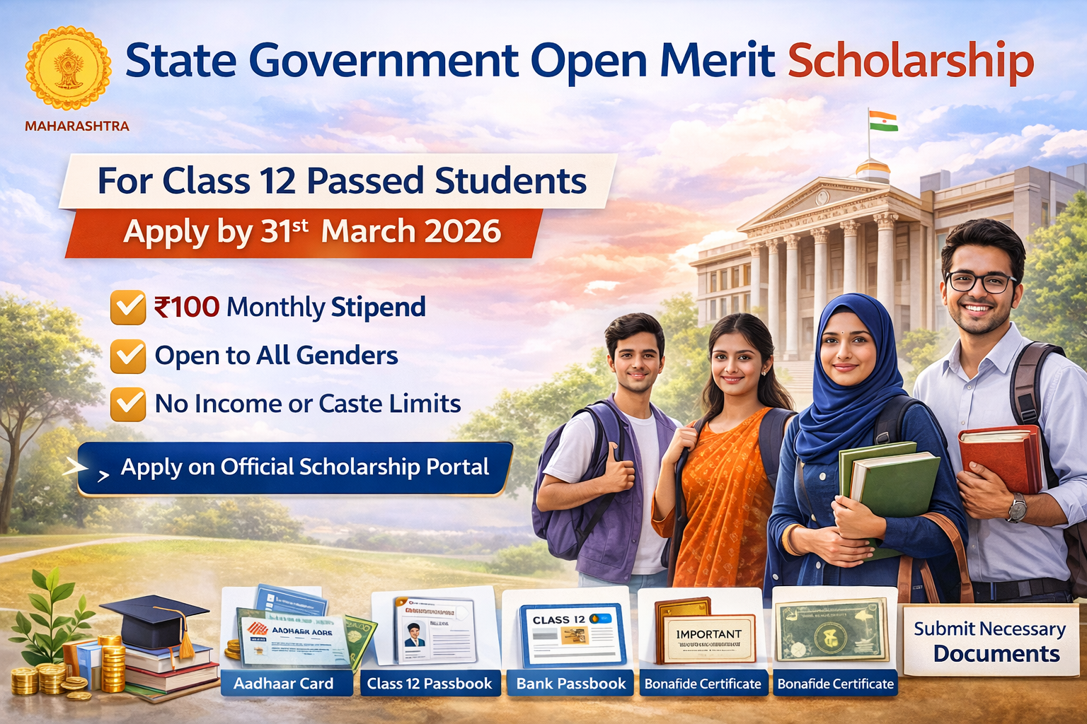 State Government Open Merit Scholarship, Maharashtra 2025-26 1 State Government Open Merit Scholarship 2026 banner showing ₹100 monthly stipend, eligibility for Class 12 passed students, Maharashtra DHE scholarship details, and application deadline 31 March 2026.