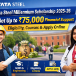 Tata Steel Millennium Scholarship 2025-26 banner showing ₹75,000 financial support for MBBS, Engineering and professional course students with apply online details.