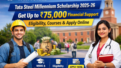 Tata Steel Millennium Scholarship 2025-26 banner showing ₹75,000 financial support for MBBS, Engineering and professional course students with apply online details.