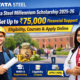 Tata Steel Millennium Scholarship 2025-26 banner showing ₹75,000 financial support for MBBS, Engineering and professional course students with apply online details.