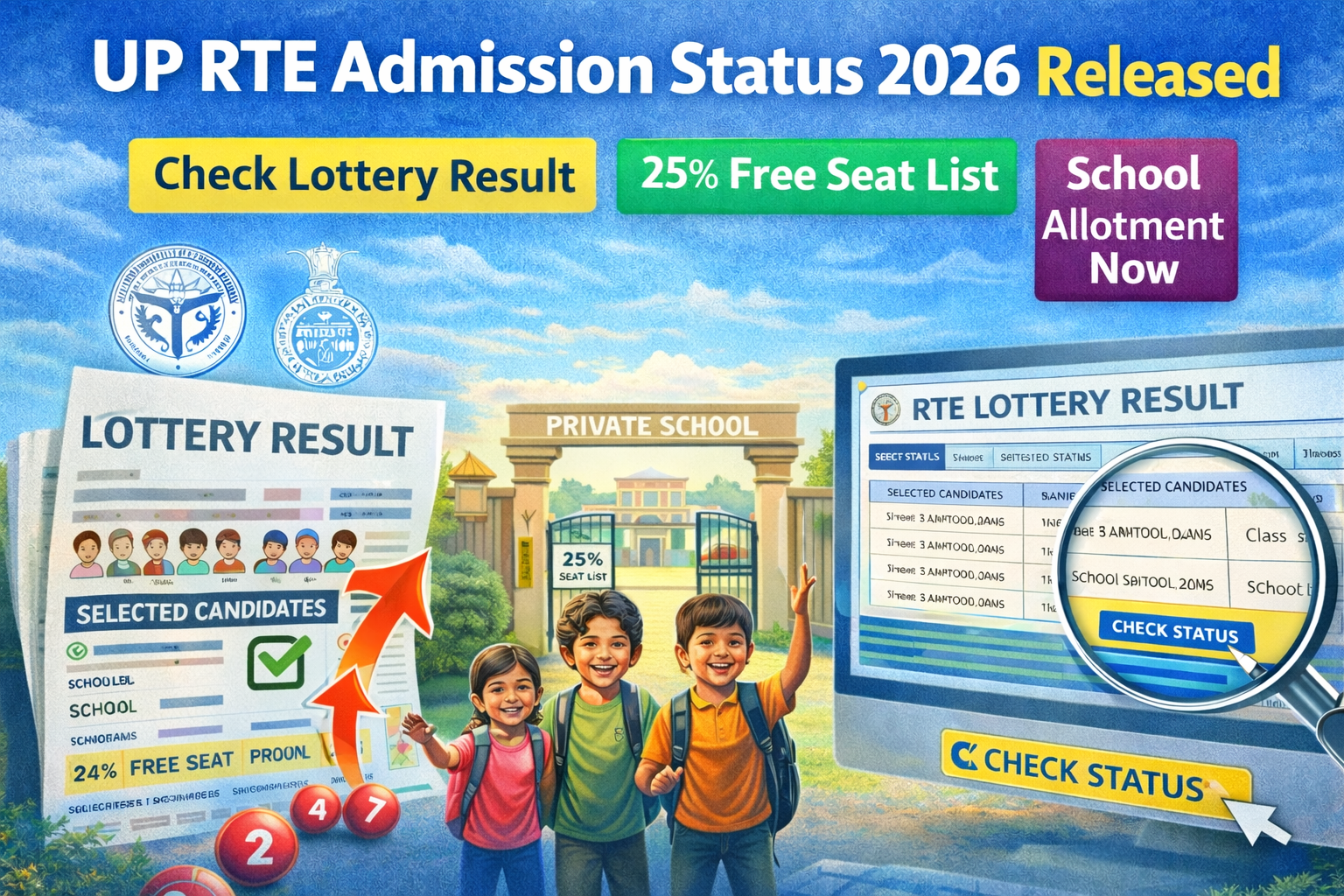UP RTE Admission Status 2026 image showing lottery result check, 25 percent free seat list, and school allotment update on official portal.