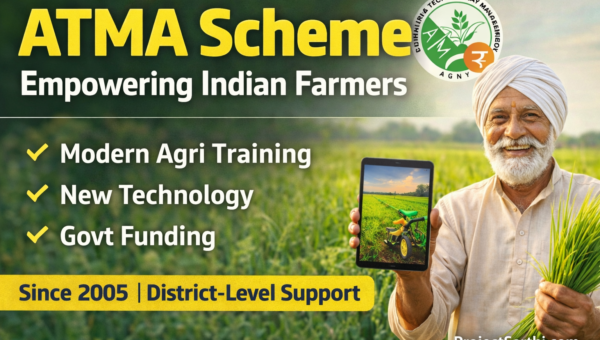 ATMA Scheme thumbnail: Agriculture Technology Management Agency district-level support, farmer training, new technology, govt funding – ProjectSarthi.com