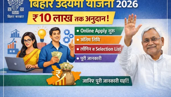 Bihar Udyami Yojana 2026 banner showing ₹10 lakh grant details, online apply start, last date, login and selection list information with Bihar Government theme and Chief Minister image.
