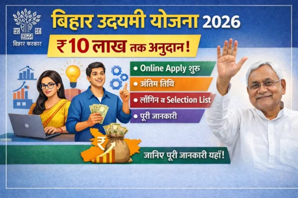 Bihar Udyami Yojana 2026 banner showing ₹10 lakh grant details, online apply start, last date, login and selection list information with Bihar Government theme and Chief Minister image.