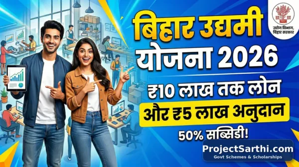 Bihar Udhyami Yojana 2026 thumbnail – ₹10 lakh loan, ₹5 lakh anudan aur 50% subsidy details