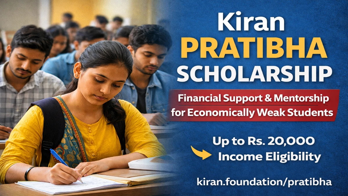 Kiran Pratibha Scholarship 2026: Full Details, Eligibility, What You Get, and How to Apply 1 Kiran Pratibha Scholarship 2026 thumbnail showing students studying in classroom with text about financial support and mentorship for economically weak students