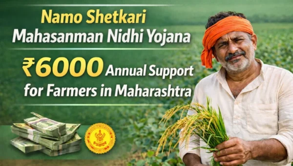 Namo Shetkari Mahasanman Nidhi Yojana ₹6000 annual financial assistance scheme for farmers in Maharashtra with farmer standing in agricultural field