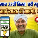खेत में एक मुस्कुराता हुआ भारतीय किसान स्मार्टफोन पकड़े हुए, जिस पर 'STATUS: APPROVED' और '22वीं किस्त: ₹2000 (CONFIRMED)' लिखा है। इमेज में बड़ा हिंदी टेक्स्ट है: 'पीएम किसान 22वीं किस्त: बड़ी खुशखबरी!' और 'फरवरी-मार्च 2026 में आएगी! ₹2,000'।