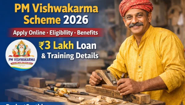 PM Vishwakarma Scheme 2026 artisan carpenter working with tools showcasing apply online eligibility benefits and 3 lakh loan training support