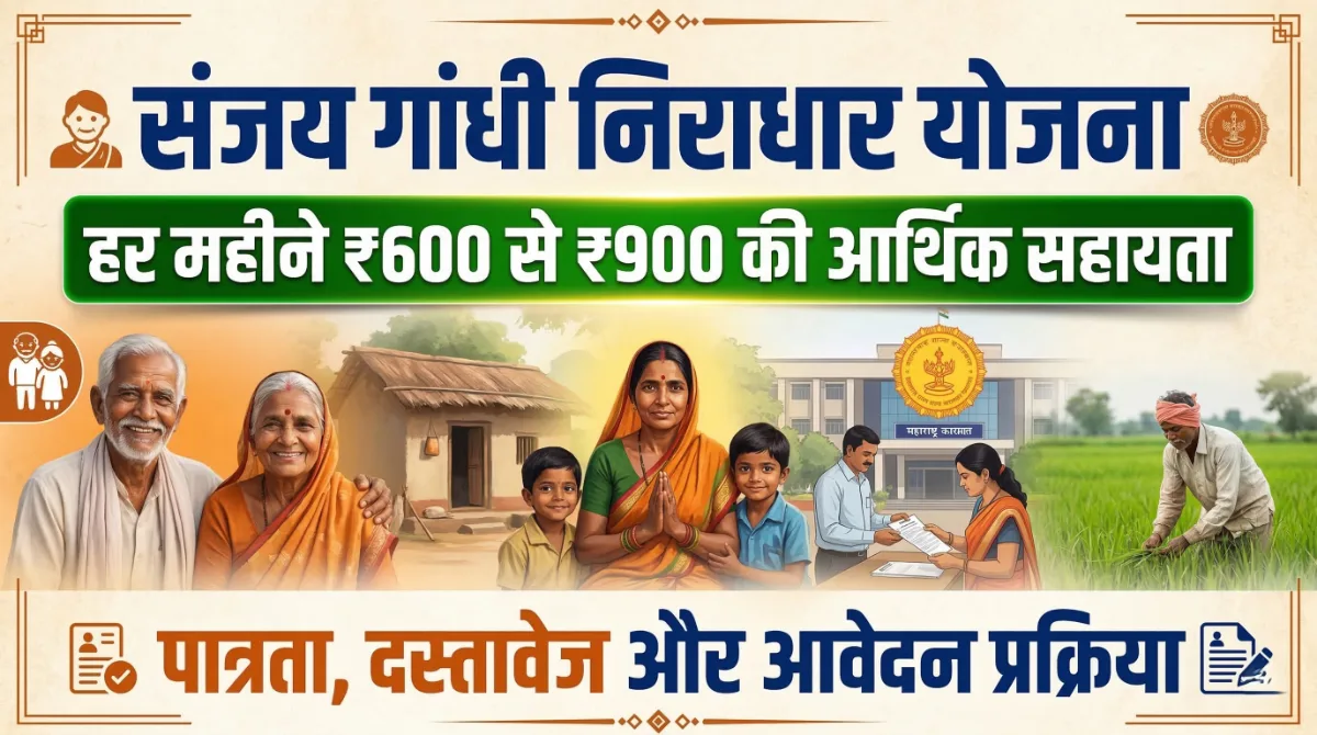Sanjay Gandhi Niradhar Yojana scheme image showing ₹600 to ₹900 monthly financial assistance with eligibility, documents and application process details