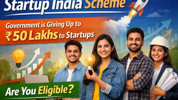 Startup India Scheme promotional image showing government funding up to ₹50 lakhs for startups and eligibility information
