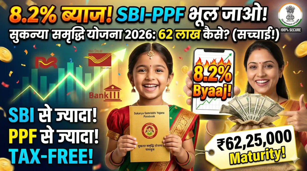 Sukanya Samriddhi Account 2026: 8.2% Interest से ₹62 लाख कैसे बनाएं? 1 A detailed infographic thumbnail for Sukanya Samriddhi Account 2026. A smiling Indian mother and daughter hold an SSY passbook and a money sack.