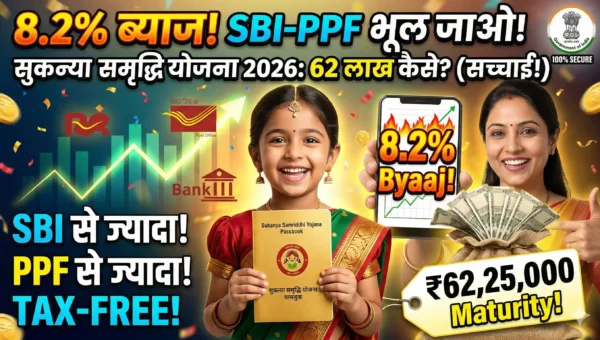 A detailed infographic thumbnail for Sukanya Samriddhi Account 2026. A smiling Indian mother and daughter hold an SSY passbook and a money sack.