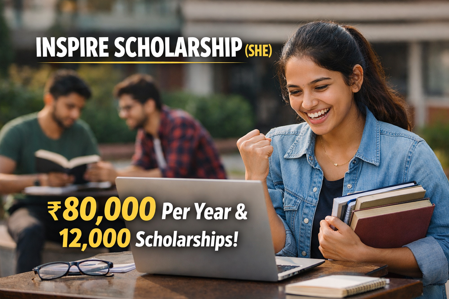 INSPIRE Scholarship 2026: Eligibility, Amount, Apply Online, Documents & Renewal 1 INSPIRE Scholarship SHE featured image showing a happy student with laptop and books highlighting ₹80,000 per year and 12,000 scholarships.