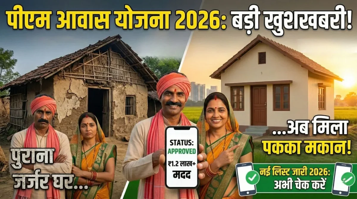 PM Awas Yojana List 2026: नई लाभार्थी सूची जारी — अपना नाम ऐसे चेक करें 1 An infographic for "PM Awas Yojana List 2026" shows a before-and-after comparison. On the left, a run-down mud house with Hindi text "पुराना जर्जर घर..." (Old dilapidated house...). On the right, a new, modern pucca house with Hindi text "...अब मिला पक्का मकान!" (...Now got a pucca house!). A smiling couple in the center holds a smartphone displaying "STATUS: APPROVED" and "₹1.2 लाख+ मदद" (₹1.2 Lakh+ help). A top banner reads "पीएम आवास योजना 2026: बड़ी खुशखबरी!" (PM Awas Yojana 2026: Big Good News!). The bottom banner has "नई लिस्ट जारी 2026: अभी चेक करें" (New list released 2026: Check now). Logos for ProjectSarthi and Government of India are included. This image is designed to encourage users to check the new PMAY 2026 beneficiary list.