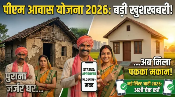 PM Awas Yojana List 2026: เคจเค เคฒเคพเคญเคพเคฐเฅเคฅเฅ เคธเฅเคเฅ เคเคพเคฐเฅ โ เค
เคชเคจเคพ เคจเคพเคฎ เคเคธเฅ เคเฅเค เคเคฐเฅเค 3 An infographic for "PM Awas Yojana List 2026" shows a before-and-after comparison. On the left, a run-down mud house with Hindi text "เคชเฅเคฐเคพเคจเคพ เคเคฐเฅเคเคฐ เคเคฐ..." (Old dilapidated house...). On the right, a new, modern pucca house with Hindi text "...เค
เคฌ เคฎเคฟเคฒเคพ เคชเคเฅเคเคพ เคฎเคเคพเคจ!" (...Now got a pucca house!). A smiling couple in the center holds a smartphone displaying "STATUS: APPROVED" and "โน1.2 เคฒเคพเค+ เคฎเคฆเคฆ" (โน1.2 Lakh+ help). A top banner reads "เคชเฅเคเคฎ เคเคตเคพเคธ เคฏเฅเคเคจเคพ 2026: เคฌเคกเคผเฅ เคเฅเคถเคเคฌเคฐเฅ!" (PM Awas Yojana 2026: Big Good News!). The bottom banner has "เคจเค เคฒเคฟเคธเฅเค เคเคพเคฐเฅ 2026: เค
เคญเฅ เคเฅเค เคเคฐเฅเค" (New list released 2026: Check now). Logos for ProjectSarthi and Government of India are included. This image is designed to encourage users to check the new PMAY 2026 beneficiary list.