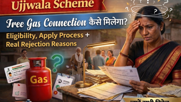 Ujjwala Scheme thumbnail showing woman checking documents with LPG gas cylinder, Aadhaar card and free gas connection process details in Hindi
