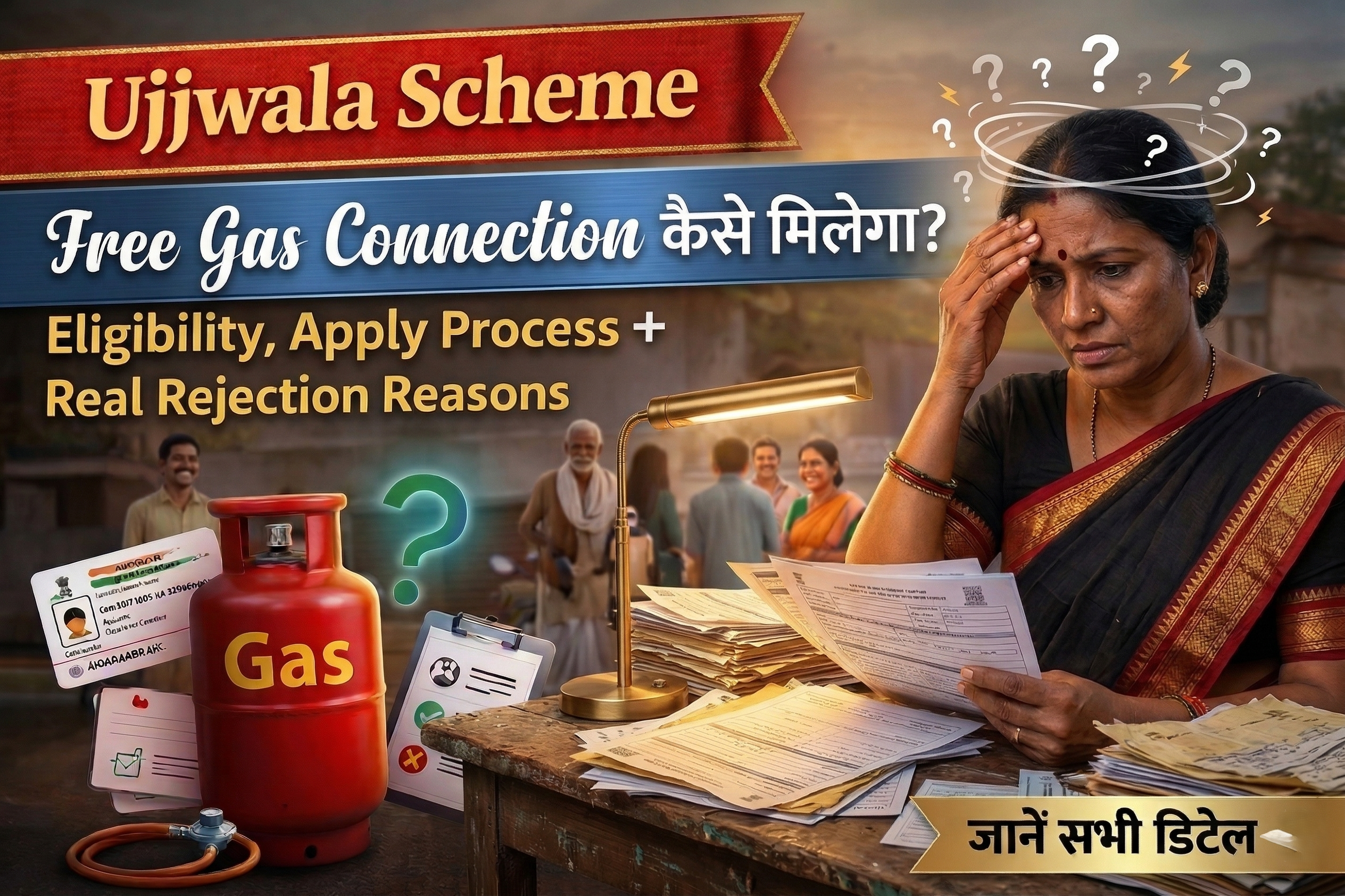Ujjwala Scheme thumbnail showing woman checking documents with LPG gas cylinder, Aadhaar card and free gas connection process details in Hindi