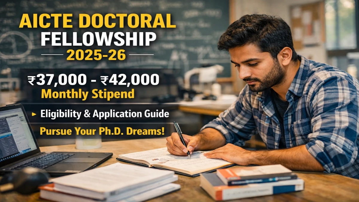 AICTE Productization Fellowship (APF) 2026 featured image showing a PhD student studying with stipend, eligibility and application details