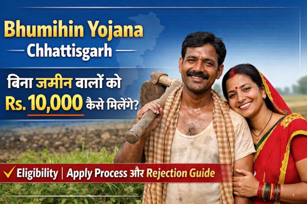 Bhumihin Yojana Chhattisgarh banner showing Rs. 10000 financial assistance for landless families with eligibility, apply process and rejection guide details in Hindi