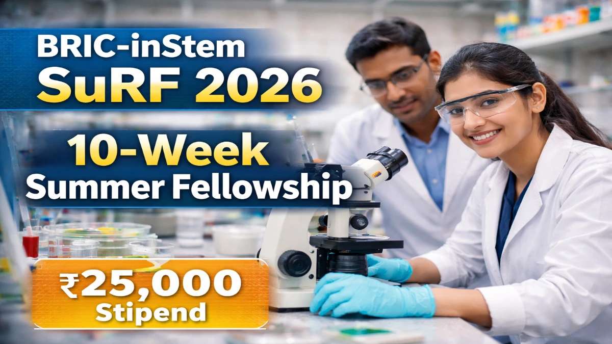 BRIC-inStem SuRF Summer Fellowship 2026  thumbnail showing a student researcher and mentor in a laboratory with fellowship and stipend details